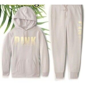 New VS PINK outfit set platinum campus hoodie skinny JOGGERS sport logo L